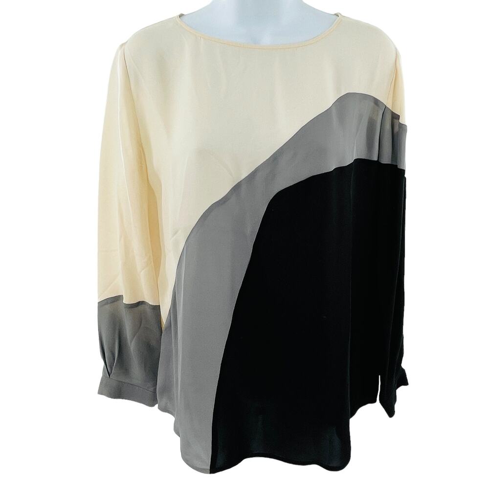 Halston Heritage Cream Gray Black Asymmetrical Silk Long Sleeve Blouse Top XS - Picture 2 of 11
